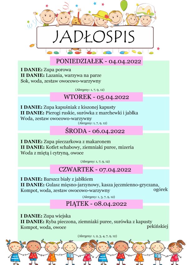 Jadłospis 4-8 kwietnia