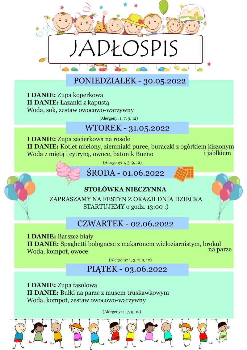 Jadłospis 30 maja – 3 czerwca (opłata za czerwiec)