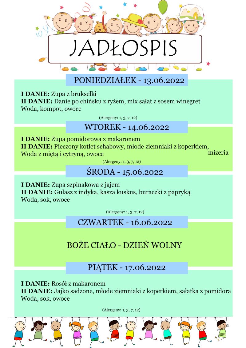 Jadłospis 13 – 17 czerwca