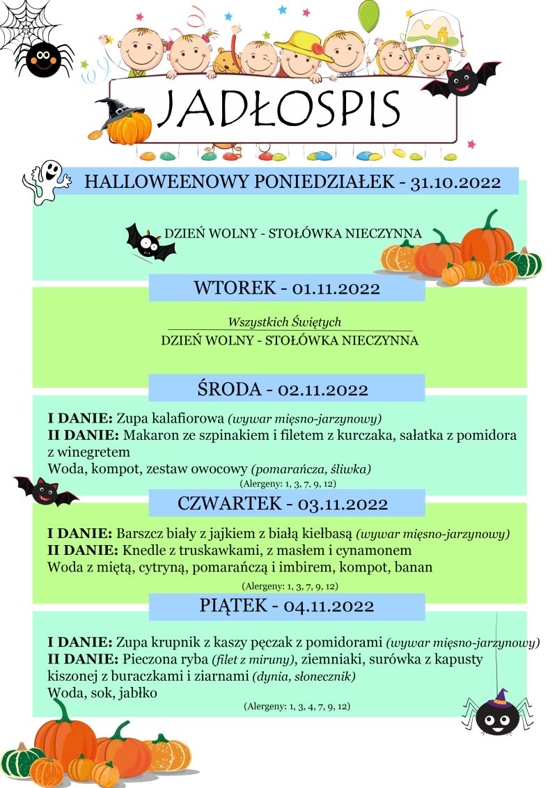 Jadłospis 2-4 listopada. Opłaty za obiady w listopadzie.