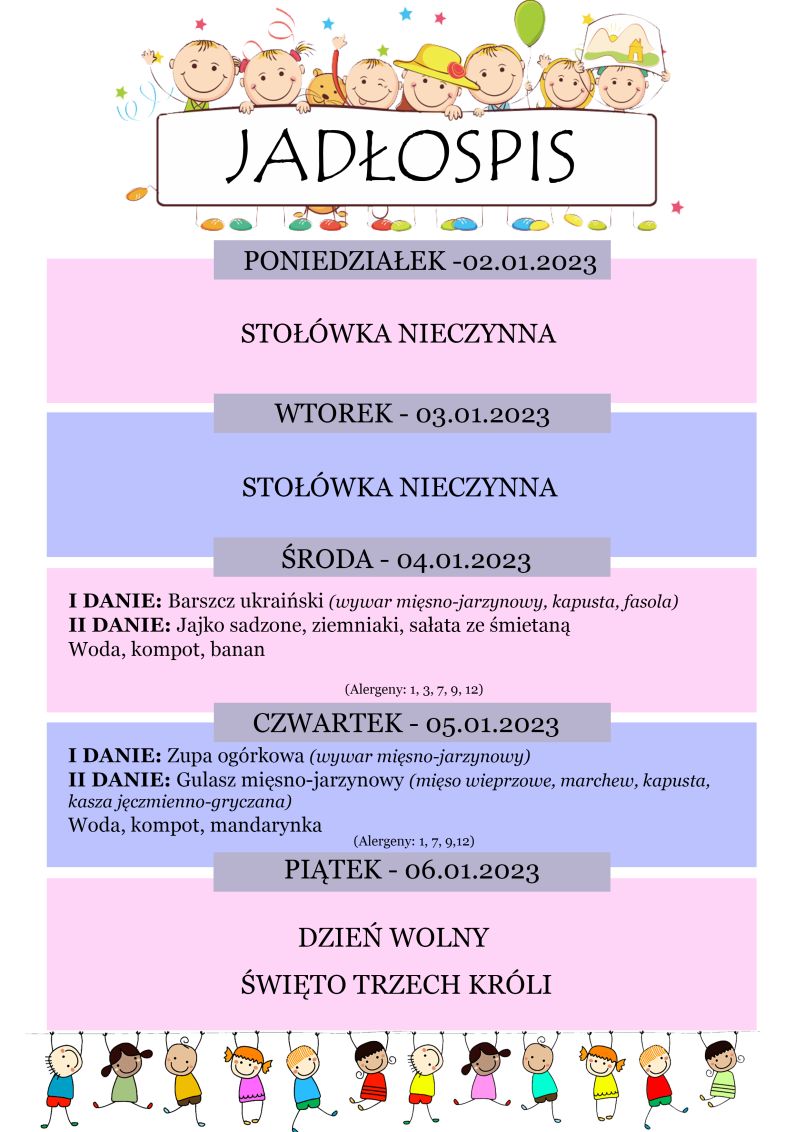 Jadłospis 2-6 stycznia. Opłaty za styczeń