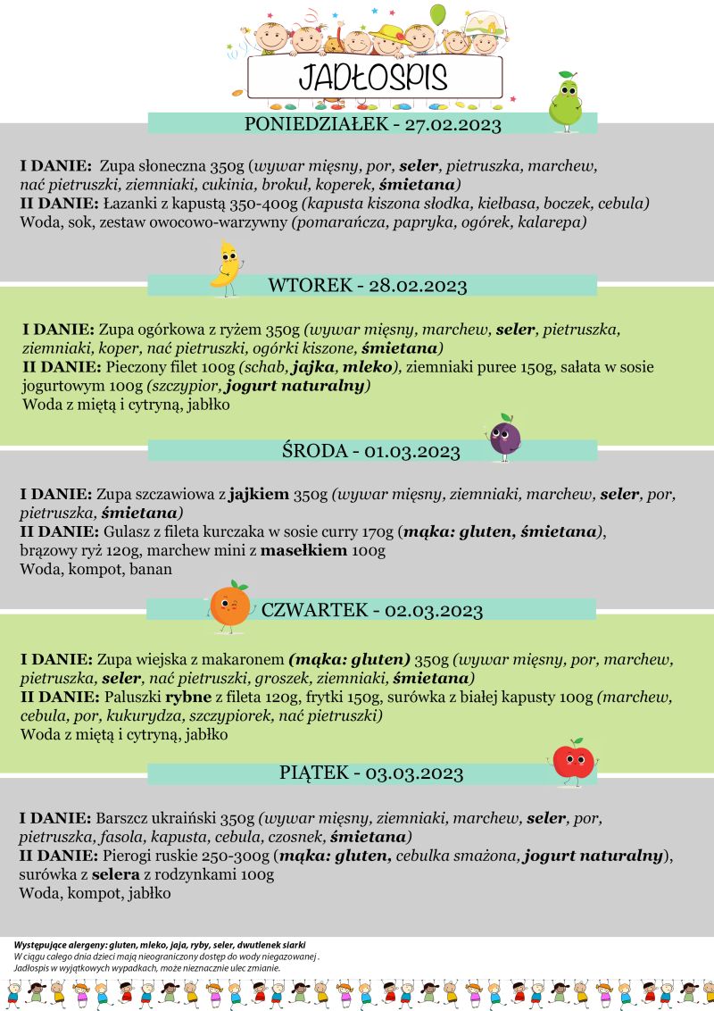 Jadłospis 27 luty – 3 marca. Opłaty za obiady w marcu