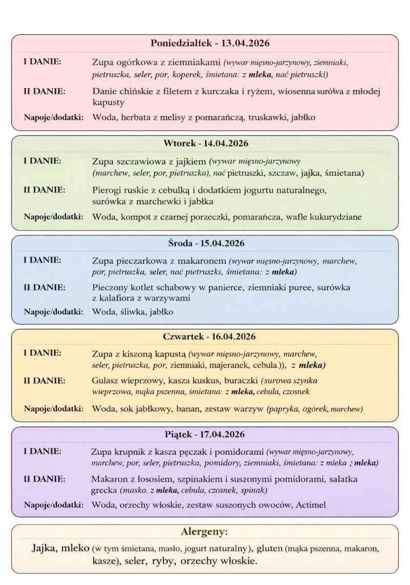 Jadłospis 13-17 kwietnia