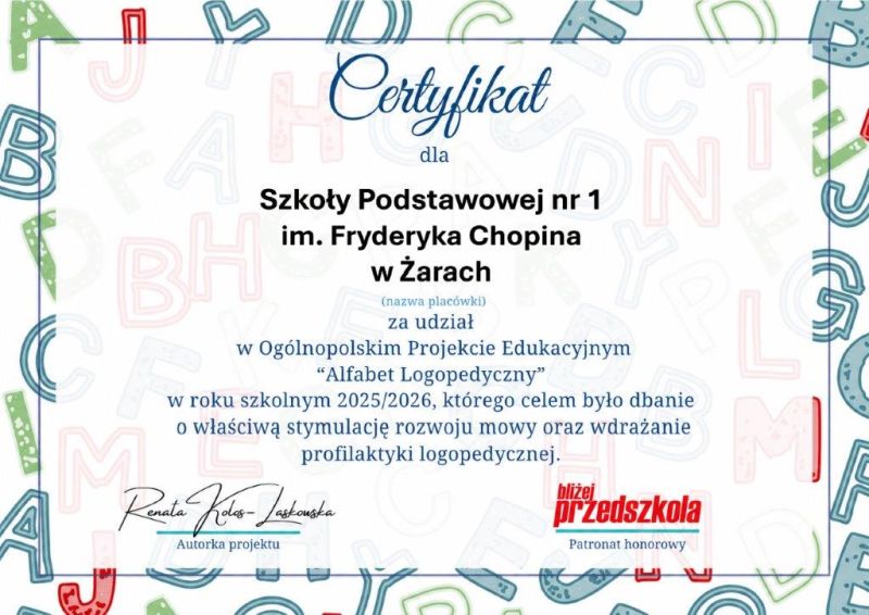 Certyfikat dla szkoły